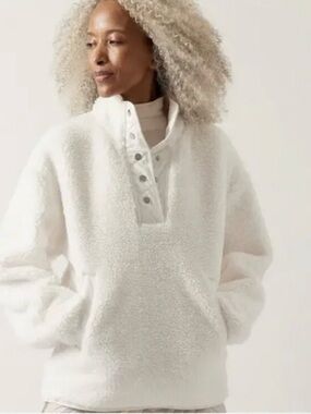 Athleta XL Magnolia White Cozy Sherpa Snap Sweatshirt Oversized Cabincore